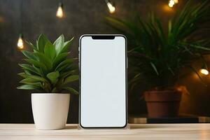 smartphone mockup met blanco scherm en sappig fabriek Aan houten tafel ai gegenereerd foto