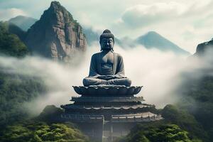 Boeddha standbeeld Aan de top van berg in nevelig ochtend- ai gegenereerd foto