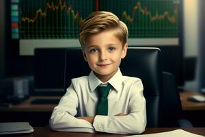 portret van een schattig weinig jongen in een bedrijf pak zittend Bij de tafel in voorkant van een toezicht houden op met een voorraad markt tabel ai gegenereerd foto