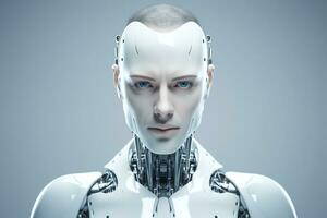 portret van een robot in een wit futuristische interieur, kunstmatig intelligentie- concept ai gegenereerd foto