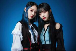 portret van twee mooi Aziatisch Dames in mode outfits Aan blauw achtergrond ai gegenereerd foto