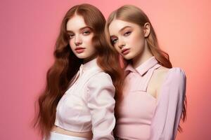 portret van twee mooi meisjes in de studio Aan een roze achtergrond ai gegenereerd foto