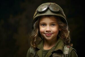 portret van een weinig meisje in een leger uniform. studio schot. ai gegenereerd foto