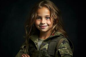 portret van een weinig meisje in een leger uniform. studio schot. ai gegenereerd foto