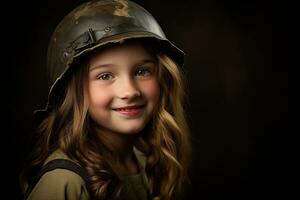 portret van een weinig meisje in een leger uniform. studio schot. ai gegenereerd foto