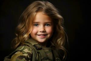 portret van een weinig meisje in een leger uniform. studio schot. ai gegenereerd foto