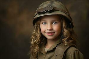 portret van een weinig meisje in een leger uniform. studio schot. ai gegenereerd foto