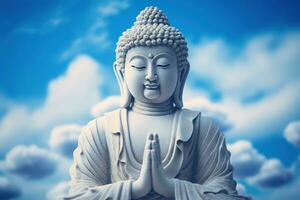 Boeddha standbeeld met blauw lucht en wolken achtergrond ai gegenereerd foto