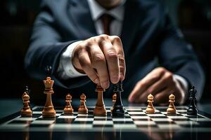 detailopname van zakenman spelen schaken. bedrijf strategie en leiderschap concept ai gegenereerd foto
