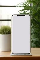 mockup smartphone met blanco scherm Aan tafel met groen fabriek ai gegenereerd foto