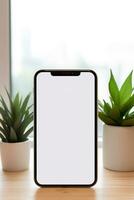 mockup smartphone met blanco scherm Aan tafel met groen fabriek ai gegenereerd foto