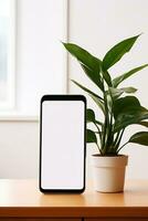 mockup smartphone met blanco scherm Aan tafel met groen fabriek ai gegenereerd foto