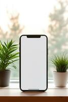 mockup smartphone met blanco scherm Aan tafel met groen fabriek ai gegenereerd foto