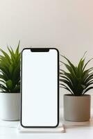 mockup smartphone met blanco scherm Aan tafel met groen fabriek ai gegenereerd foto