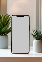 mockup smartphone met blanco scherm Aan tafel met groen fabriek ai gegenereerd foto