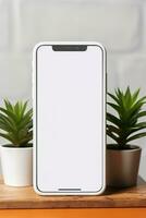 mockup smartphone met blanco scherm Aan tafel met groen fabriek ai gegenereerd foto