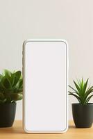mockup smartphone met blanco scherm Aan tafel met groen fabriek ai gegenereerd foto