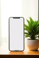 mockup smartphone met blanco scherm Aan tafel met groen fabriek ai gegenereerd foto