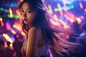 portret van een mooi jong Aziatisch vrouw met lang haar- in nacht club ai gegenereerd foto