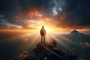Mens staand Aan top van de berg en op zoek Bij de zonsondergang ai gegenereerd foto