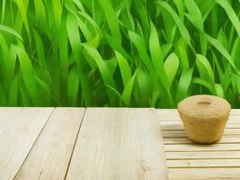 houten tafel Aan bamboe fabriek achtergrond ai gegenereerd foto