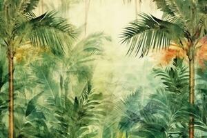 tropisch achtergrond met palm bomen, waterverf schilderij illustratie. ai gegenereerd foto