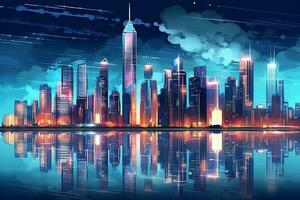 nacht visie van wolkenkrabbers in futuristische illustratie ai gegenereerd foto
