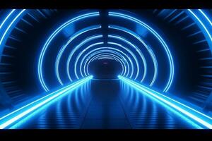 3d abstract achtergrond met neon lichten. neon tunnel.ruimte bouw. 3d illustratie ai gegenereerd foto