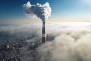 antenne visie van steenkool macht fabriek met schoorstenen in bewolkt ochtend- ai gegenereerd foto