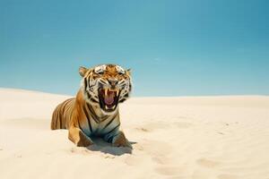 tijger resting Aan de strand natuur visie ai gegenereerd foto