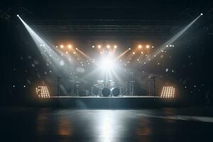 stadium lichten, schijnwerpers en rook Aan de fase. concert verlichting uitrusting ai gegenereerd foto