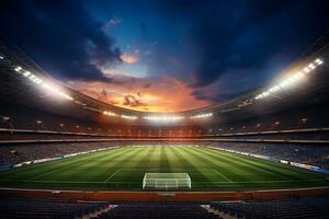 avond visie van een modern en mooi voetbal stadion met schijnwerpers ai gegenereerd foto