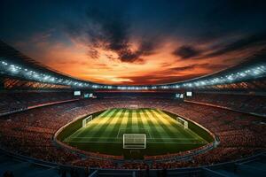 avond visie van een modern en mooi voetbal stadion met schijnwerpers ai gegenereerd foto