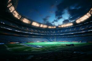 3d geven van een Amerikaans voetbal stadion in de nacht met lichten en fakkels ai gegenereerd foto