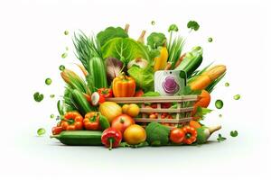gezond voedsel concept met vers groenten en mobiel telefoon Aan wit achtergrond ai gegenereerd foto
