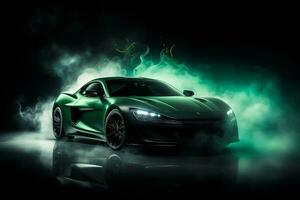 donker groen sport- auto met rook Aan een donker achtergrond. 3d renderen ai gegenereerd foto