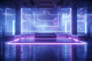 3d veroorzaken, futuristische interieur met gloeiend neon lichten, 3d illustratie ai gegenereerd foto