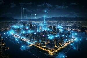 antenne visie van gebouwen stad Bij nacht met internet netwerk verbinding. ai gegenereerd foto