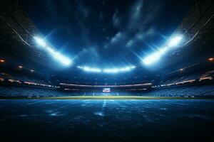 voetbal stadion Bij nacht met lichten en fakkels. 3d renderen ai gegenereerd foto
