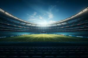 voetbal stadion Bij nacht met lichten en fakkels. 3d renderen ai gegenereerd foto