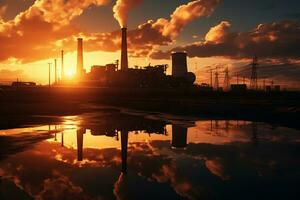 fabriek vervuilend omgeving. globaal opwarming concept. 3d renderen ai gegenereerd foto