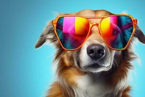 grappig hond met zonnebril Aan blauw achtergrond. 3d illustratie. ai gegenereerd foto