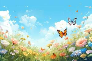 mooi voorjaar landschap met kleurrijk bloemen en vlinder. natuur achtergrond. ai gegenereerd foto