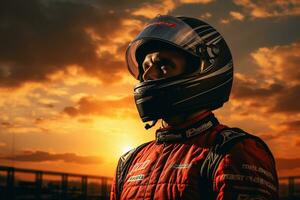 racing bestuurder met helm Aan de achtergrond van een mooi zonsondergang. ai gegenereerd foto