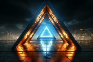3d renderen van 3d driehoek vorm in donker kamer met neon licht. ai gegenereerd foto