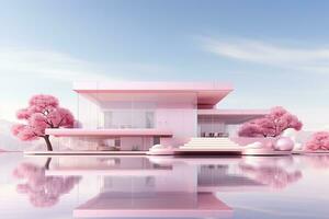 3d renderen van modern huis in roze kleur met kers bloesems ai gegenereerd foto