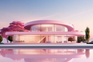 3d renderen van modern huis in roze kleur met kers bloesems ai gegenereerd foto