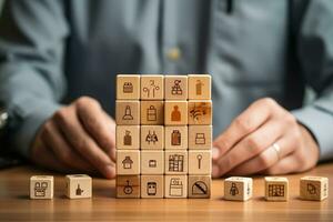 dichtbij omhoog van zakenvrouw hand- Holding houten kubus met bouw pictogrammen ai gegenereerd foto