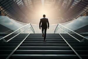 terug visie van jong zakenman wandelen omhoog de trap in stad Bij zonsondergang ai gegenereerd foto