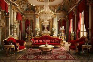 luxe Koninklijk interieur van Koninklijk paleis met rood fluweel sofa en goud muren ai gegenereerd foto